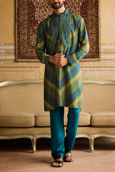 Teal chevron printed kurta set