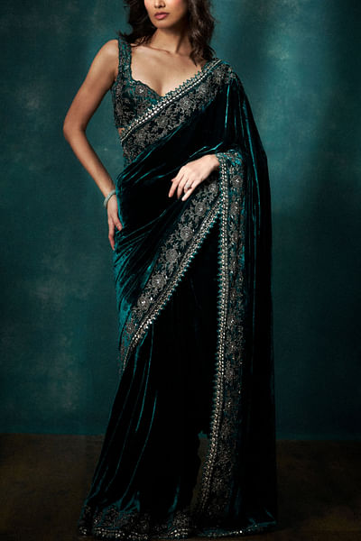 Teal cutdana embroidered sari set