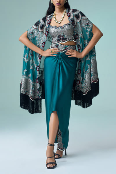 Nupur Kanoi Teal embroidered cape and skirt set NUKNOV24D120