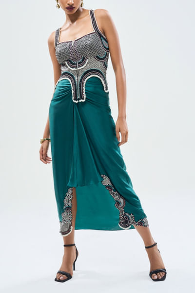 Teal embroidered corset and skirt