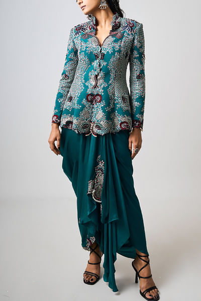 Teal embroidered jacket and draped skirt