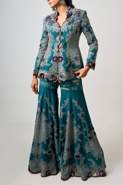 Teal embroidered jacket and gharara