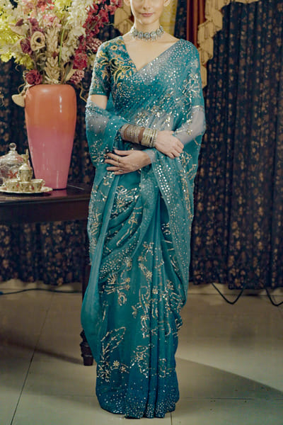 Teal embroidered sari set
