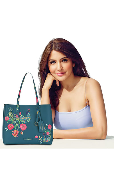 Teal floral and peacock printed tote bag