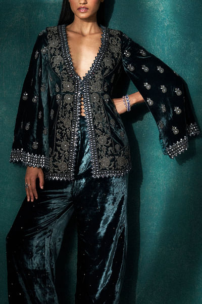 Teal floral embroidered peplum set