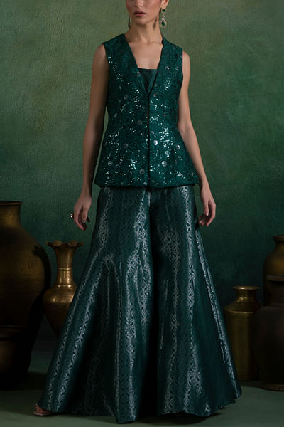 Teal floral embroidered vest and gharara set