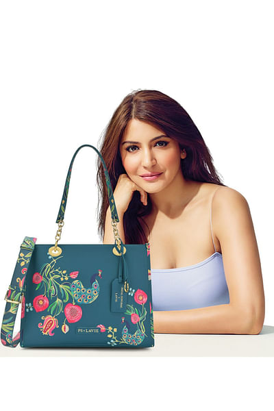 Teal floral peacock printed tote bag
