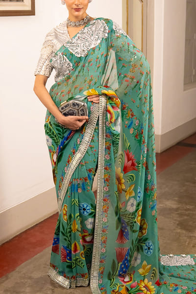 Saksham & Neharicka Teal floral printed sari set SAKJAN25D13764