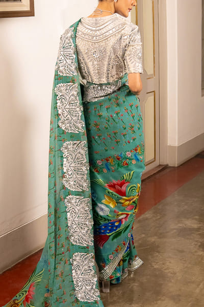 Saksham & Neharicka Teal floral printed sari set SAKJAN25D13764