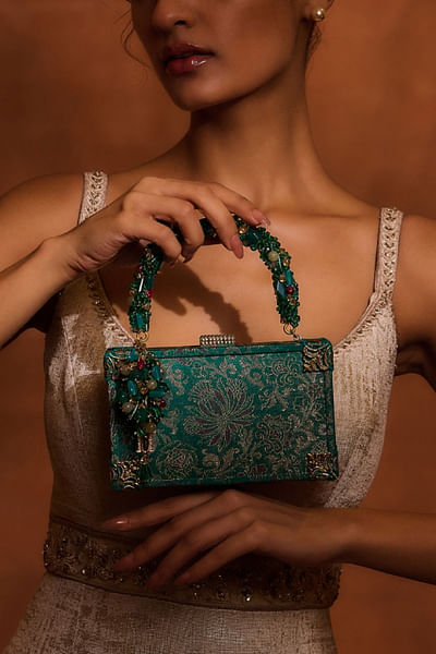 Teal floral woven brocade clutch