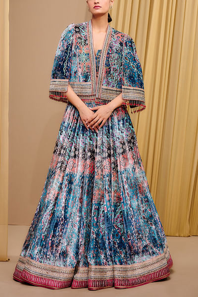 Teal geometric printed cape and lehenga set