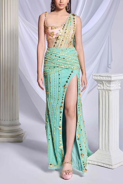 Teal Green 3D embellished pre-stitched sari set