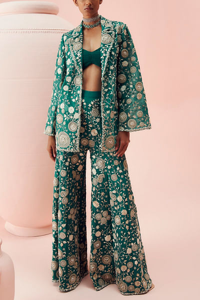 Teal green floral embroidered jacket set