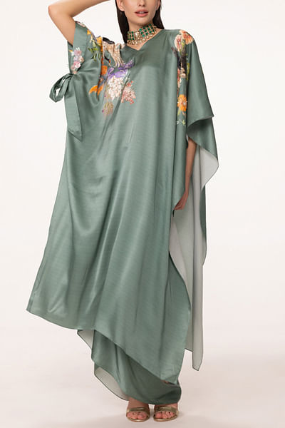 Teal green floral printed kaftan and skirt set