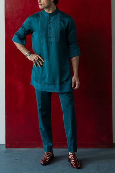 Teal green pintuck kurta set