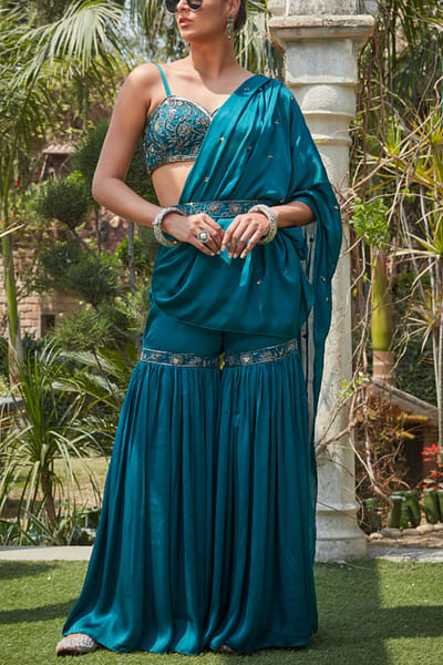 Teal green ruffle concept sharara sari set