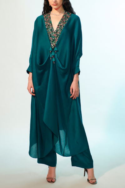 Teal green sequin embroidered co-ords