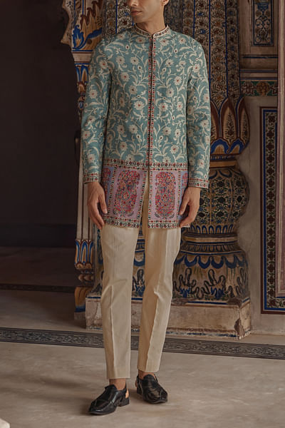 Teal green thread work achkan set