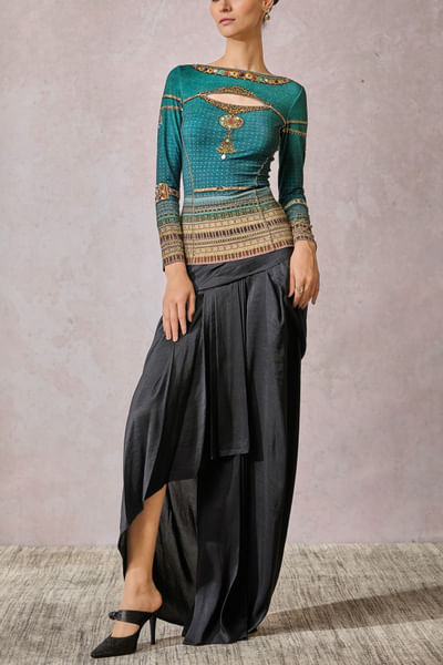 Teal jewel and Mughal printed top