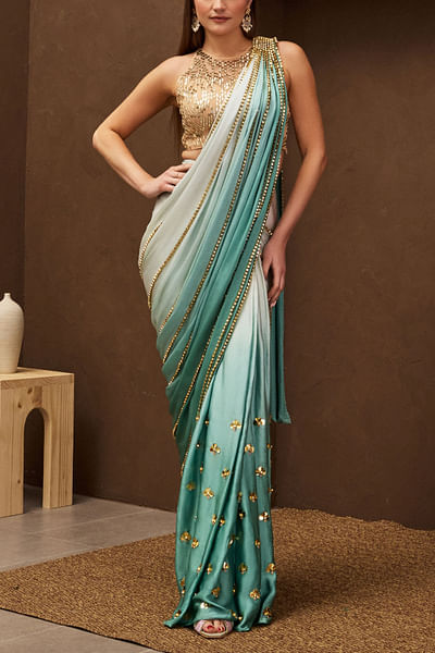 Teal ombre 3D detail pre-stitched sari set