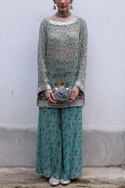Teal printed and embroidered set