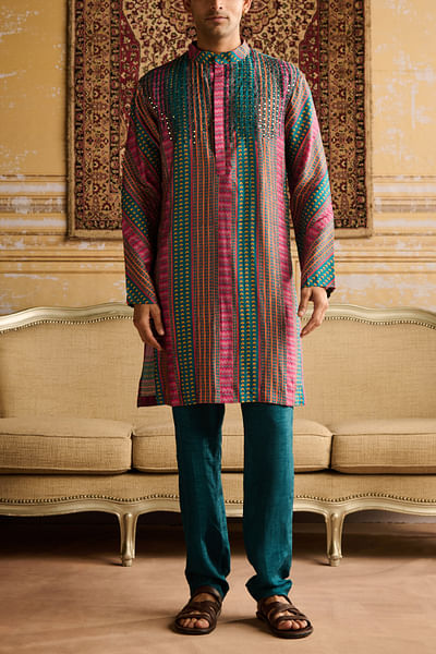 Teal stripe printed kurta set