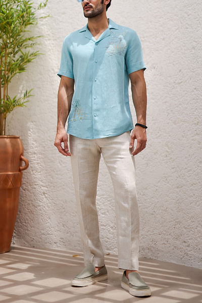 Teal tropical embroidered shirt