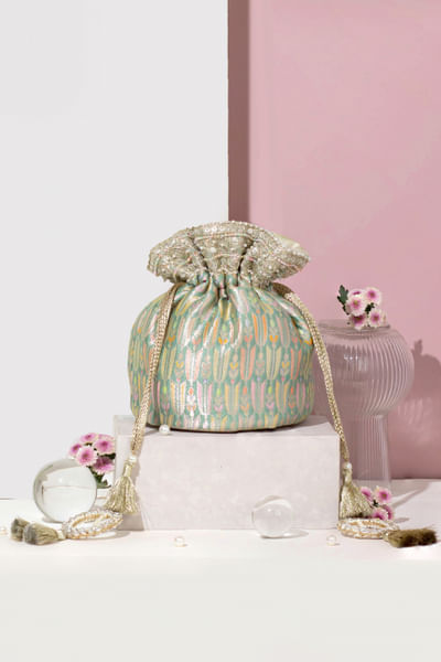 Teal woven embroidered bucket bag