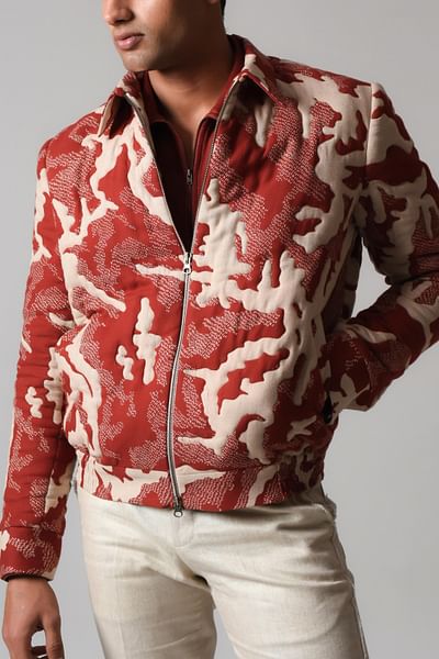Terracotta camo printed quilted bomber jacket