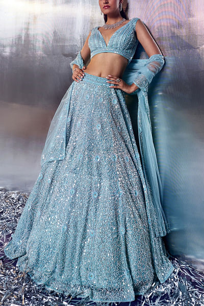 Tiffany blue crystal embroidered lehenga set