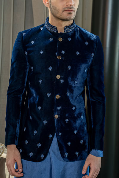 Turk blue embroidered velvet jodhpuri set