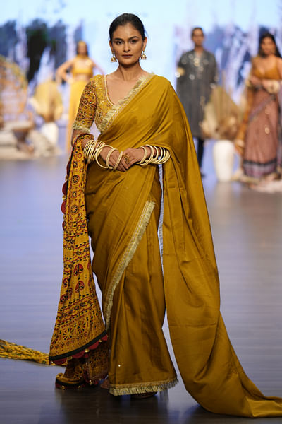 Turmeric yellow zari embroidered sari set