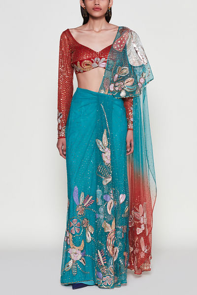 Turquoise and orange appliqued draped sari set