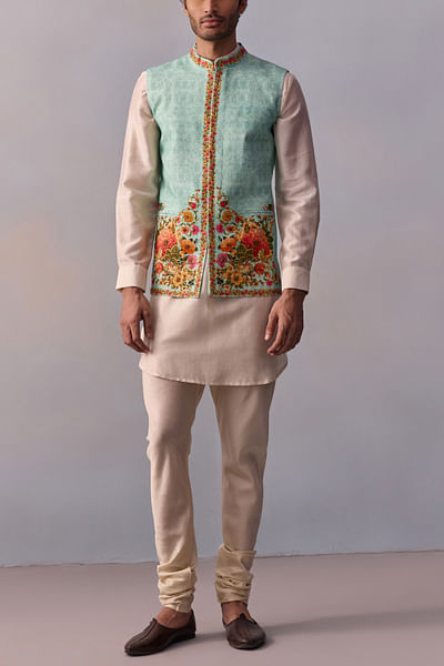 Turquoise blue floral printed bandi kurta set