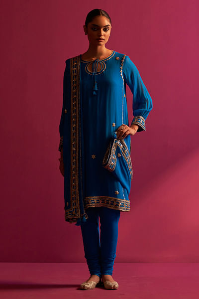 Turquoise blue gota embroidered kurta set