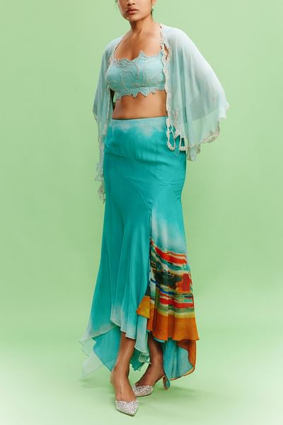 Turquoise brush stroke printed skirt cape set