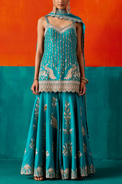 Turquoise embroidered sharara set