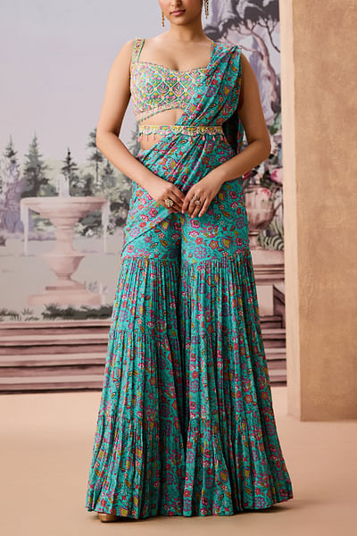 Turquoise floral chintz printed sharara sari set