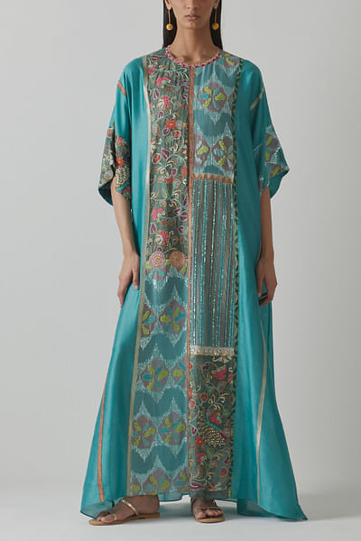 Turquoise floral embroidered kaftan