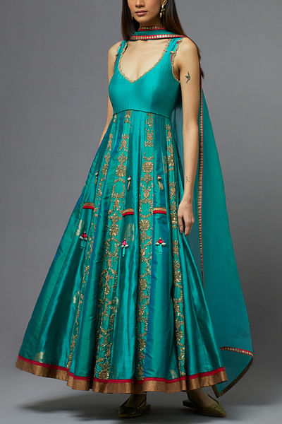 Turquoise floral embroidery anarkali set