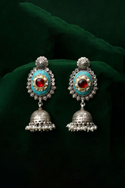 Turquoise floral gemstone and kundan jhumkas