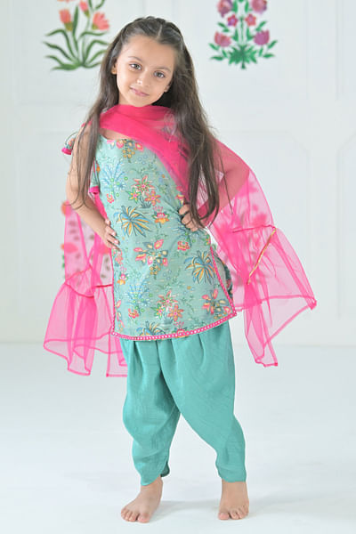 Turquoise floral printed kurta set