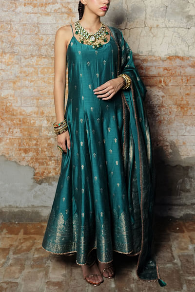 Turquoise floral woven anarkali set
