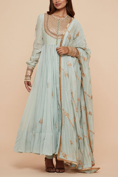 Turquoise motif embroidered anarkali set