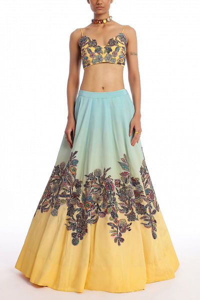 Turquoise ombre print embroidered lehenga set