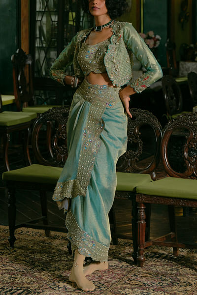 Turquoise paisley embroidered jacket skirt set