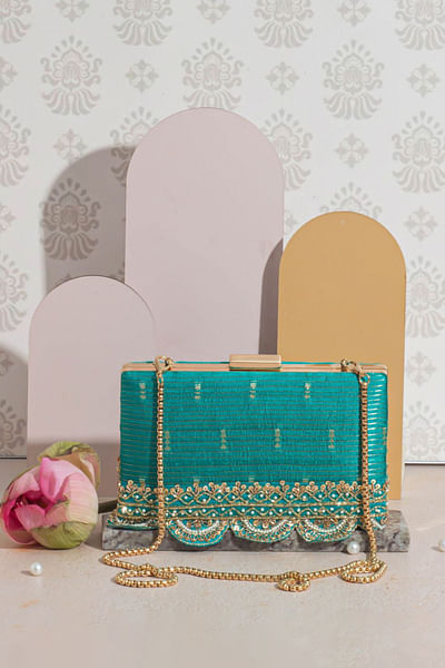 Turquoise woven embroidered box clutch