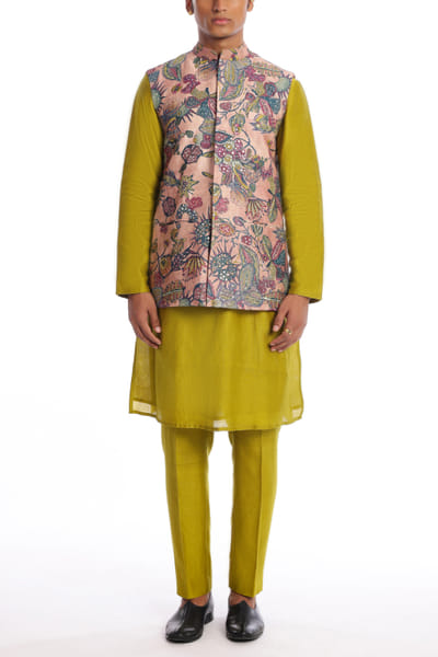 Tuscany pink floral printed bundi kurta set
