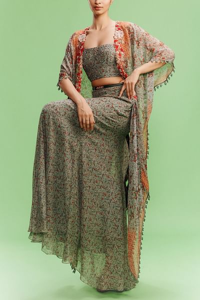 Vintage green floral printed cape and skirt set