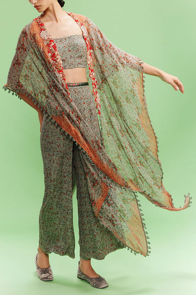 Vintage green floral printed cape sharara set